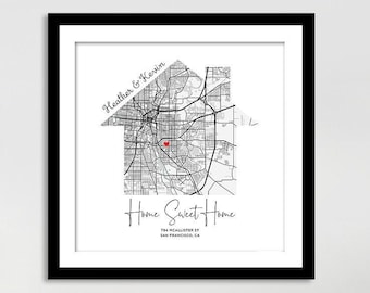 First New Home Gift for Couple House Shaped Map Poster Custom City Map Art Print Frame Canvas Personalized Anniversary Gift for Him Her