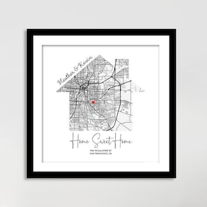 First New Home Gift for Couple House Shaped Map Poster Custom City Map Art Print Frame Canvas Personalized Anniversary Gift for Him Her image 1