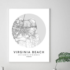 Virginia Beach Map Print Gerahmte Leinwand Wandkunst Poster USA Map Print Schwarzweiße USA Map Kunstposter City Street Straßenkarte