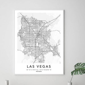 Impression de carte de Las Vegas sur toile, affiche d'art murale encadrée Impressions de carte de la ville des États-Unis avec cadre, affiche d'art de carte des États-Unis, carte routière de la rue de la ville