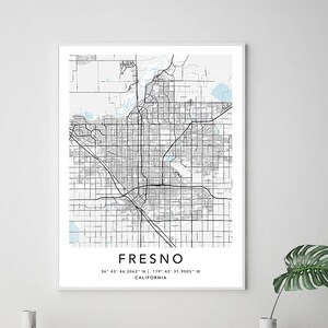 Fresno Karte Druck Gerahmte Leinwand Wandkunst Poster USA Karte Druck Schwarz und Weiß USA Karte Kunst Poster Stadtstraße Straßenkarte