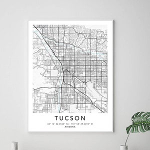Tucson Map Print Gerahmte Leinwand Wandkunst Poster USA Map Print Schwarzweiße USA-Karte Kunstposter City Street Straßenkarte