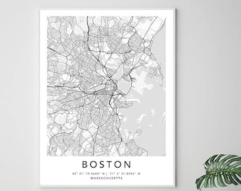 Boston Map Print Framed Canvas Wall Art Poster United States Map Print Black and White USA Map Art Poster City Street Road Map