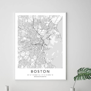 Impressão de mapa de Boston, pôster de arte de parede em tela emoldurada, impressão de mapa dos Estados Unidos, pôster de arte de mapa dos EUA em preto e branco, mapa de rua da cidade