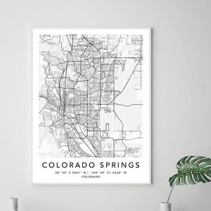 Colorado Springs Map Print Gerahmte Leinwand Wandkunst Poster USA Map Print Schwarzweiße USA Map Art Poster City Street Straßenkarte