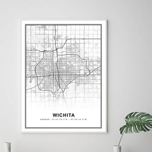 Wichita Map Print Gerahmte Leinwand Wandkunst Poster USA Map Print Schwarzweiße USA Map Art Poster City Street Straßenkarte