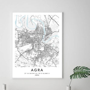 Agra Map Print Gerahmte Leinwand Wandkunst Poster India Map Prints with Frame World Map Art Poster City Street Road Map