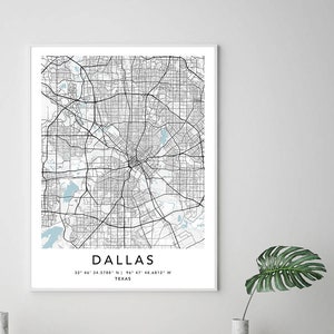 Dallas Map Print Framed Canvas Wall Art Poster United States City Map Prints with Frame USA Map Art Poster City Street Road Map