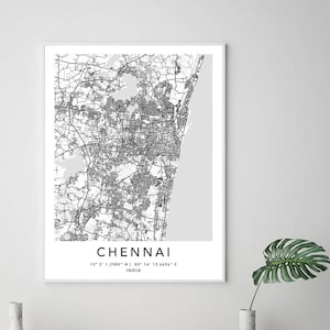 Chennai Kartendruck Gerahmte Leinwand Wandkunst Poster Indien Karte Drucke mit Rahmen Weltkarte Kunstplakat Stadtstraße Straßenkarte