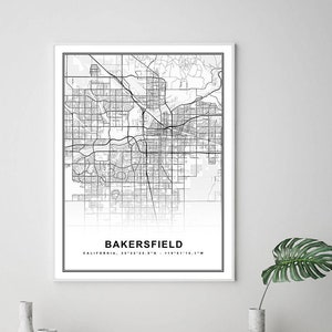 Bakersfield Map Print Gerahmte Leinwand Wandkunst Poster USA Map Print Schwarzweiße USA Map Kunstposter City Street Straßenkarte