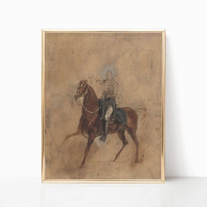May include: A framed watercolor painting of a person on horseback. The painting is on a brown background with a gold frame.