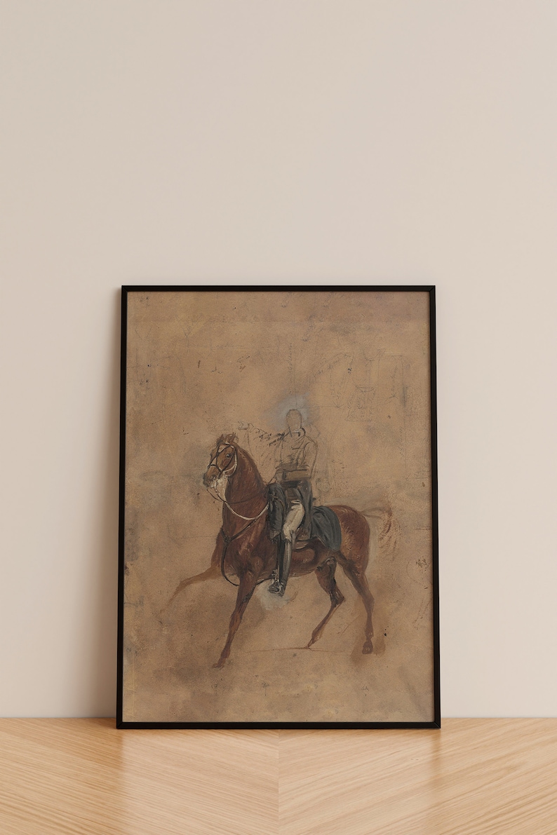May include: A framed black and white drawing of a person on horseback. The drawing is on a brown paper background.
