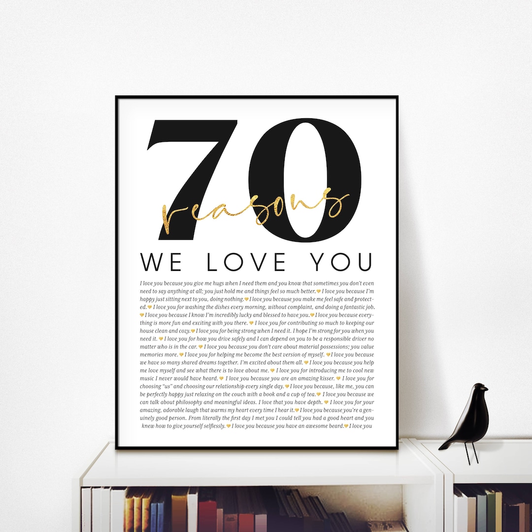 70 Reasons Why We Love You Poster Frame Personalized 70th Birthday Gift
