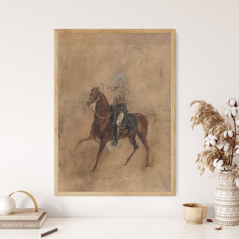 May include: A vintage painting of a person on horseback. The painting is done in a muted palette of browns and grays, and the horse is depicted in a dynamic pose. The background is a simple, light brown.