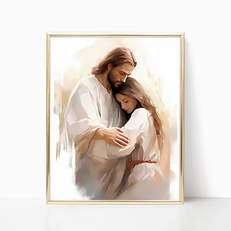 Jesus Christ Young Woman Painting Print Christ's Embrace Wall Art Gift Trendy Living Room Home Decor Framed Canvas Christian Nursery Decor image 3