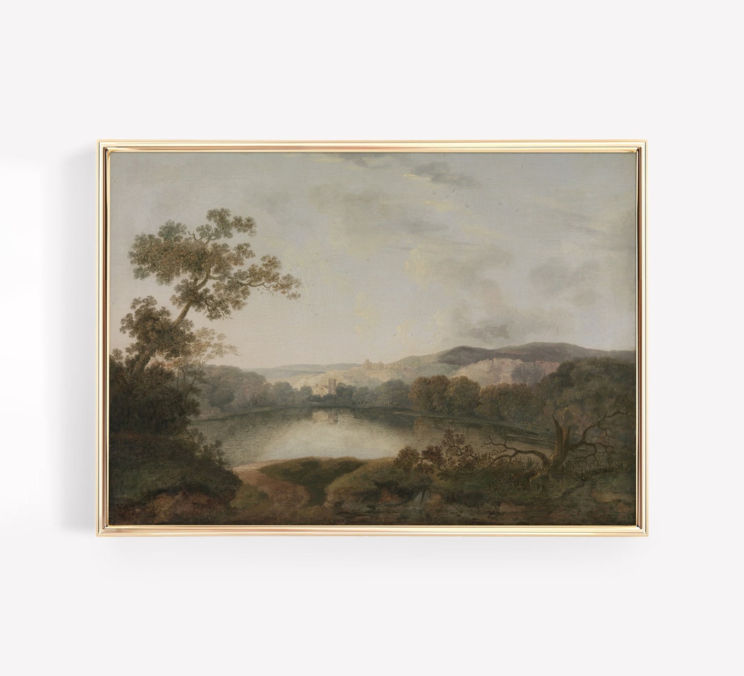 Vintage Mountain Lake Landscape Oil Painting Print Antique Nature ...