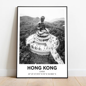 Hong Kong Travel Poster China Wall Art Trendy Gift Eclectic Black & White Print Retro Living Room Decor Gallery Canvas Framed