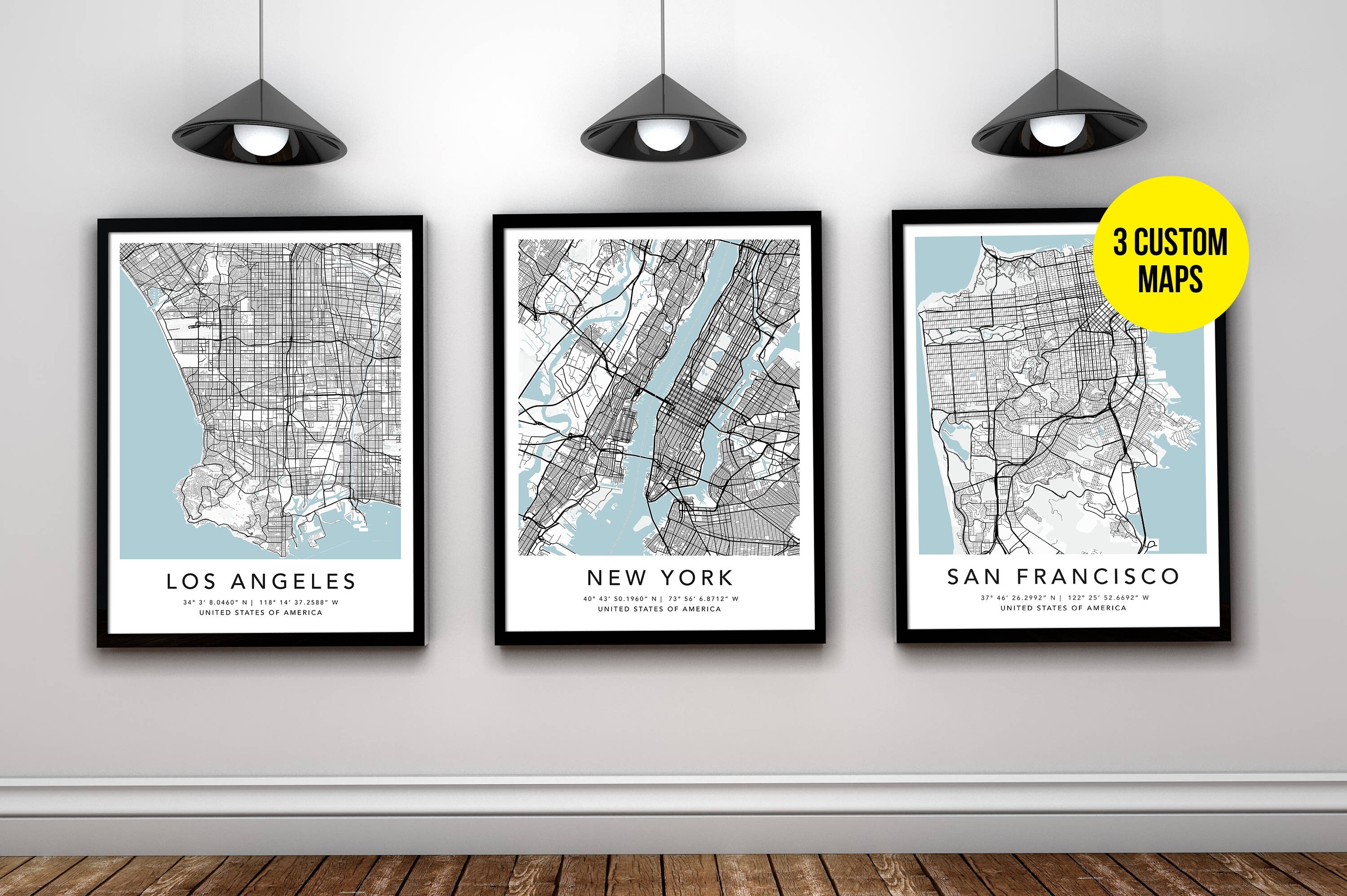 Personalized Set of 3 Any City Map Prints Custom Locations  Etsy