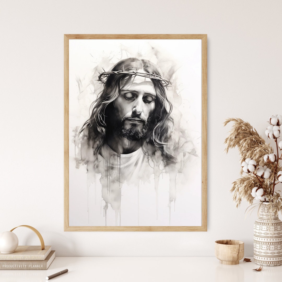 Jesus Christ Crown of Thorns Portrait Painting Poster Print Wall Art ...