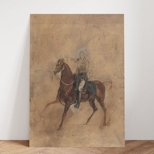 May include: A brown horse with a rider in a black and white uniform. The drawing is on a tan paper background.