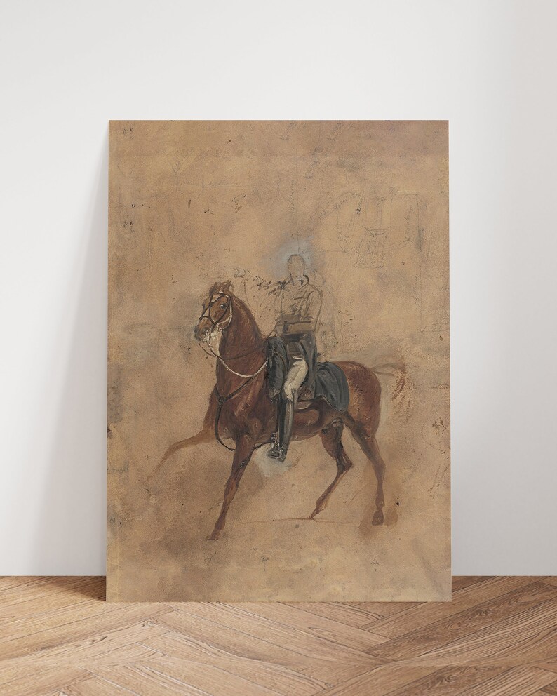 May include: A brown horse with a rider in a black and white uniform. The drawing is on a tan paper background.