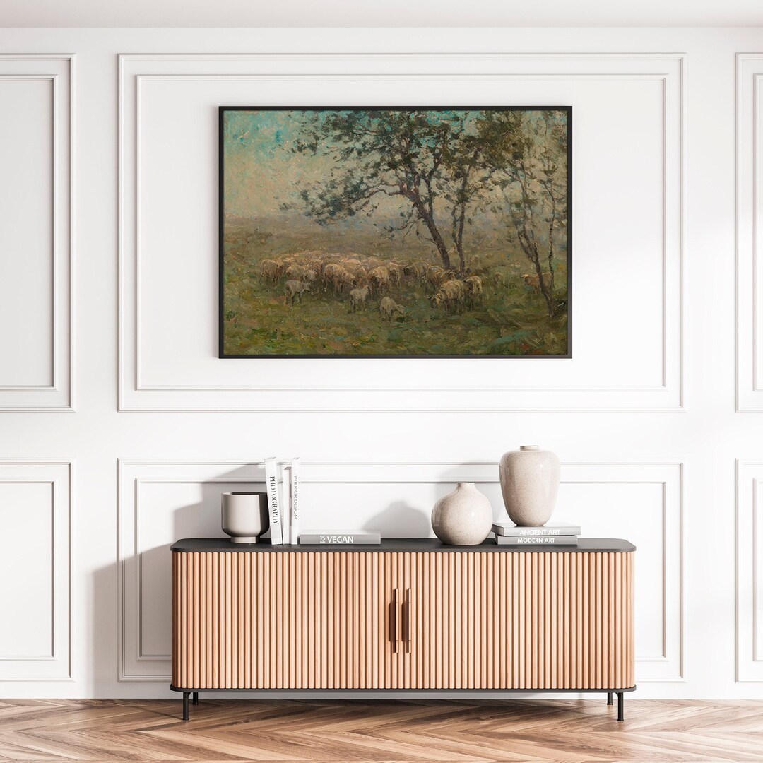 Vintage Sheep Painting Antique Countryside Farmhouse Landscape Retro ...