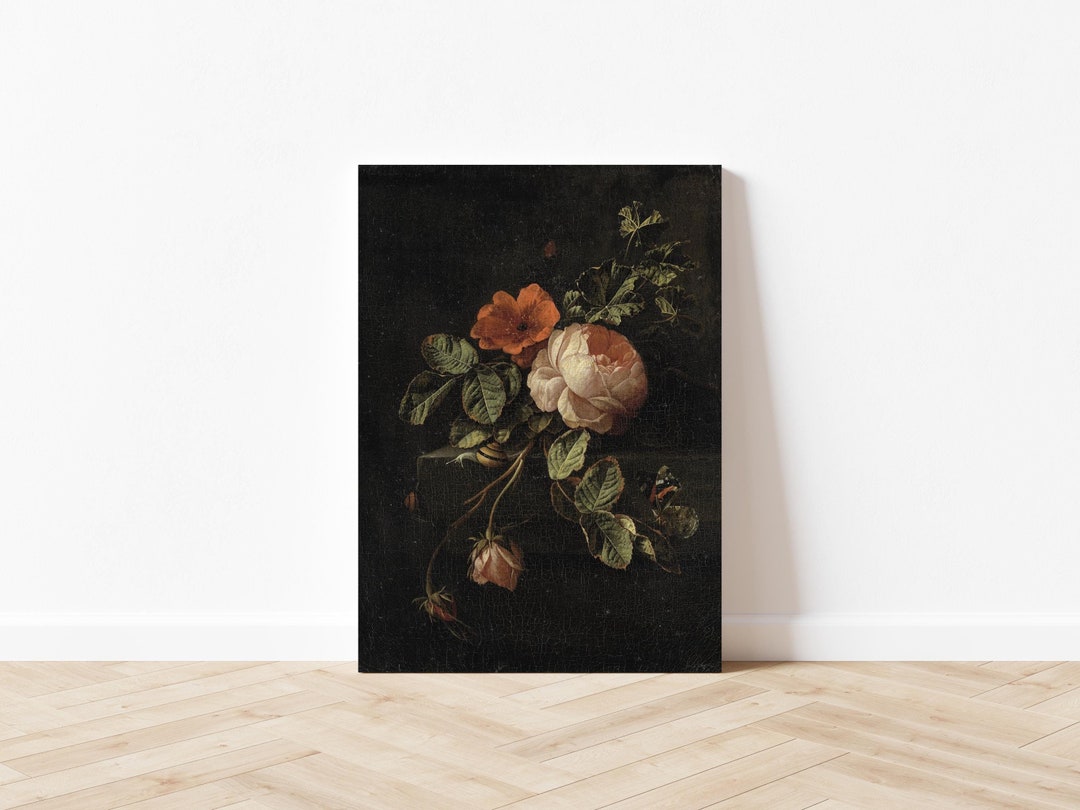 Vintage Roses Flower Bouquet Vase Painting Canvas Moody Print Poster ...