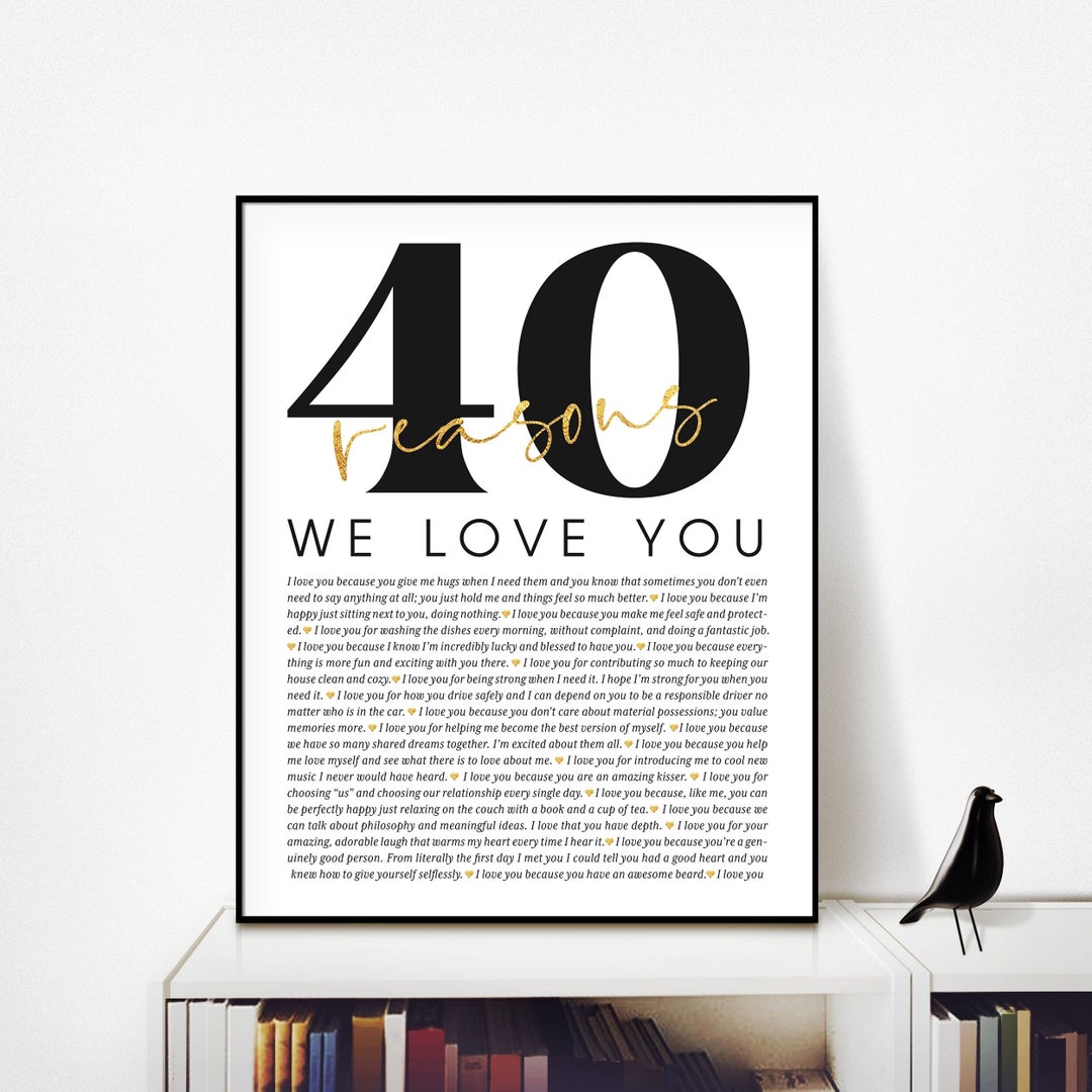 40 Reasons Why We Love You Poster Frame Personalized 40th Birthday Gift ...