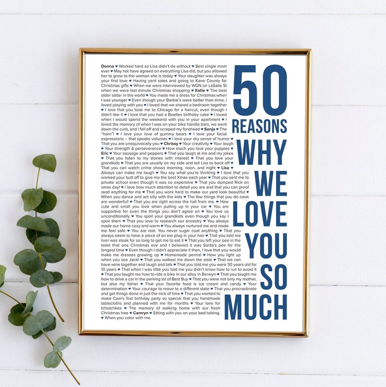 May include: A framed print with a blue and white design. The print features a list of 50 reasons why we love you, with each reason written in a different font style. The print is a great way to show someone how much you care.