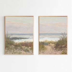 Juego de 2 cuadros de estilo costero vintage con diseño de playa, playa, campo francés neutro, decoración, paisaje suave, galería, arte de pared, lienzo enmarcado, póster impreso