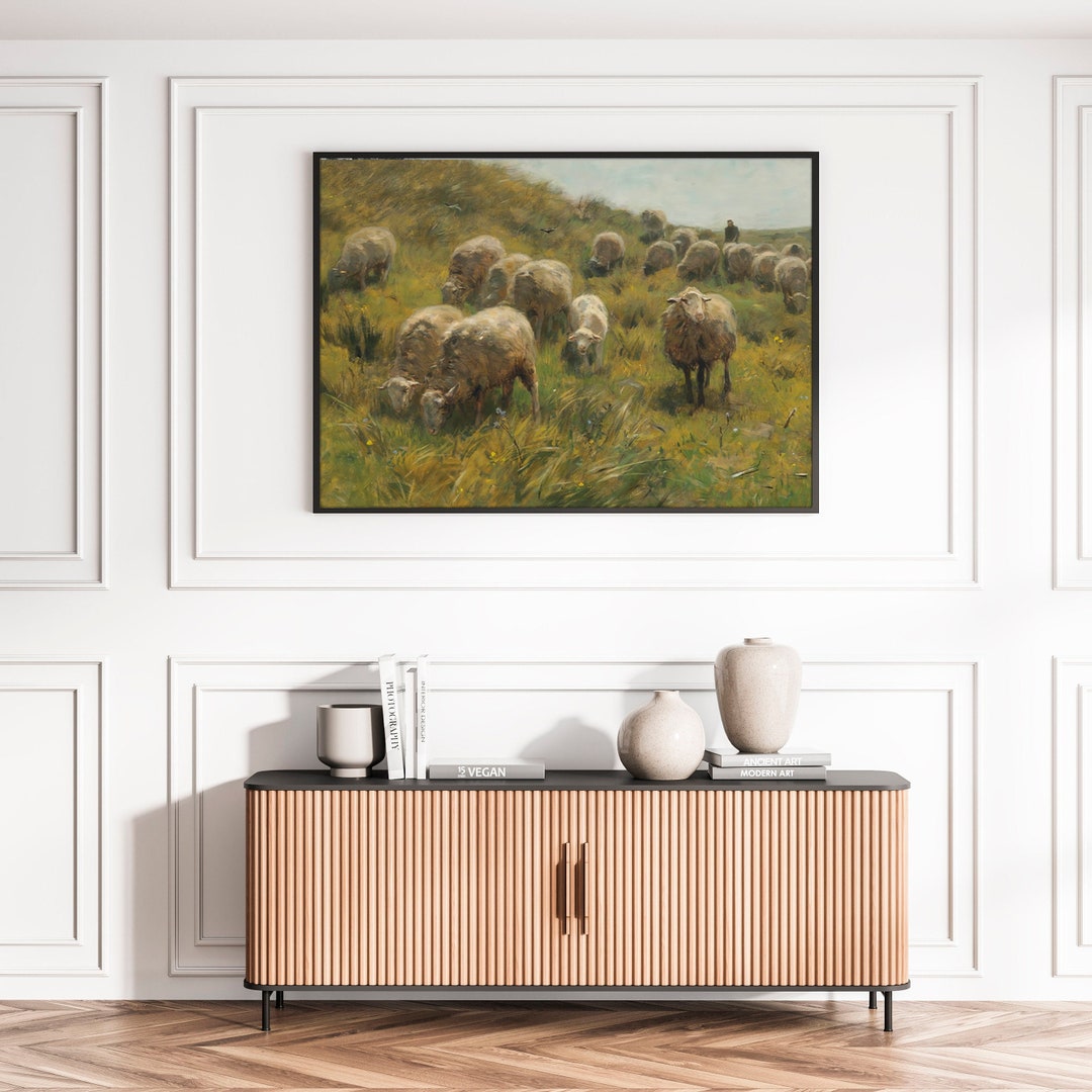 Vintage Sheep Painting Antique Countryside Farmhouse Landscape Retro ...