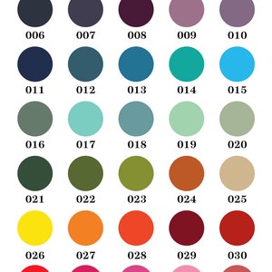 May include: A color chart with 40 different colors, numbered 001 to 040. Each color is represented by a circle.