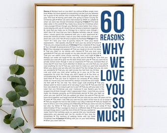 60 Reasons Why We Love You Poster Frame Personalized 60th Birthday Gift for Women Men Canvas Template 60 Things We Love About You Poster