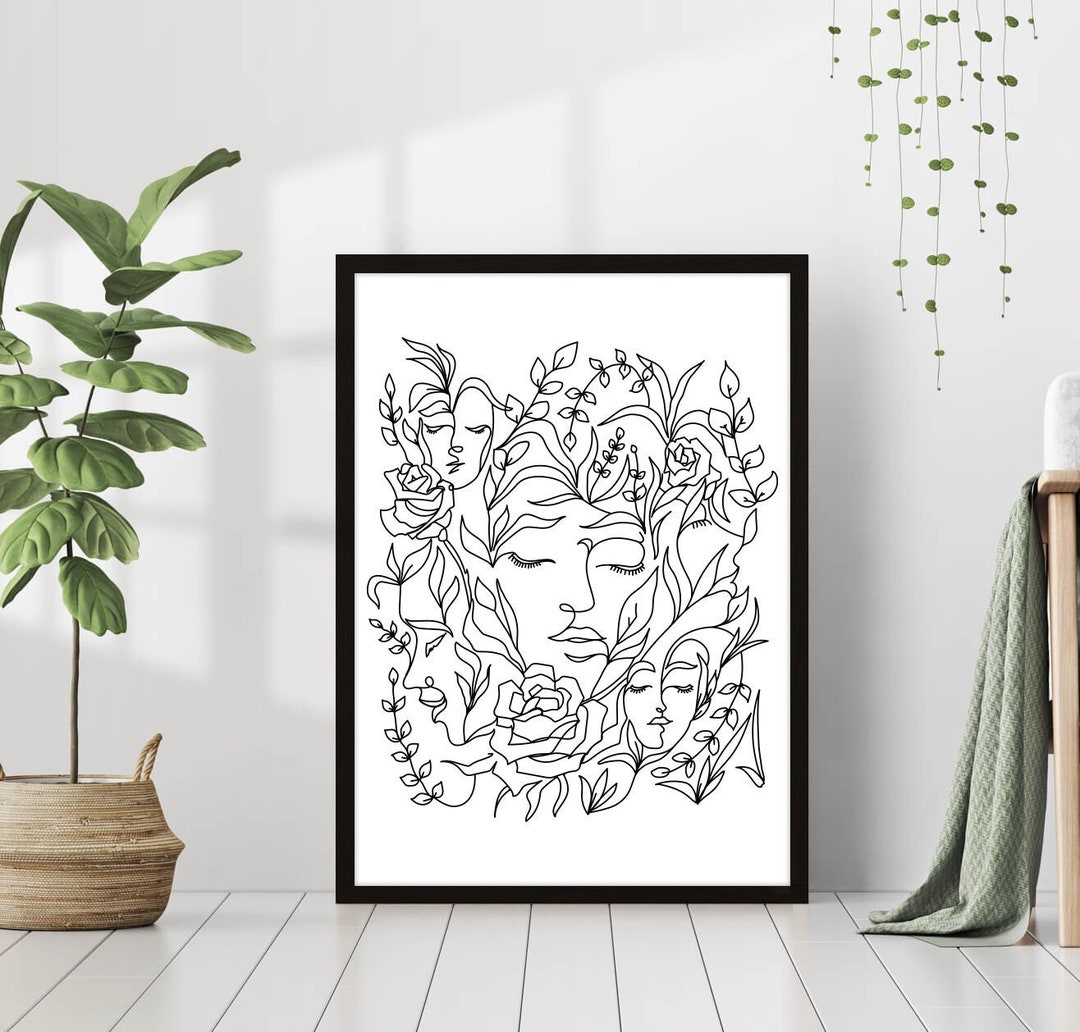 Flower Woman One Line Art Poster Abstract Female Face Print Neutral ...