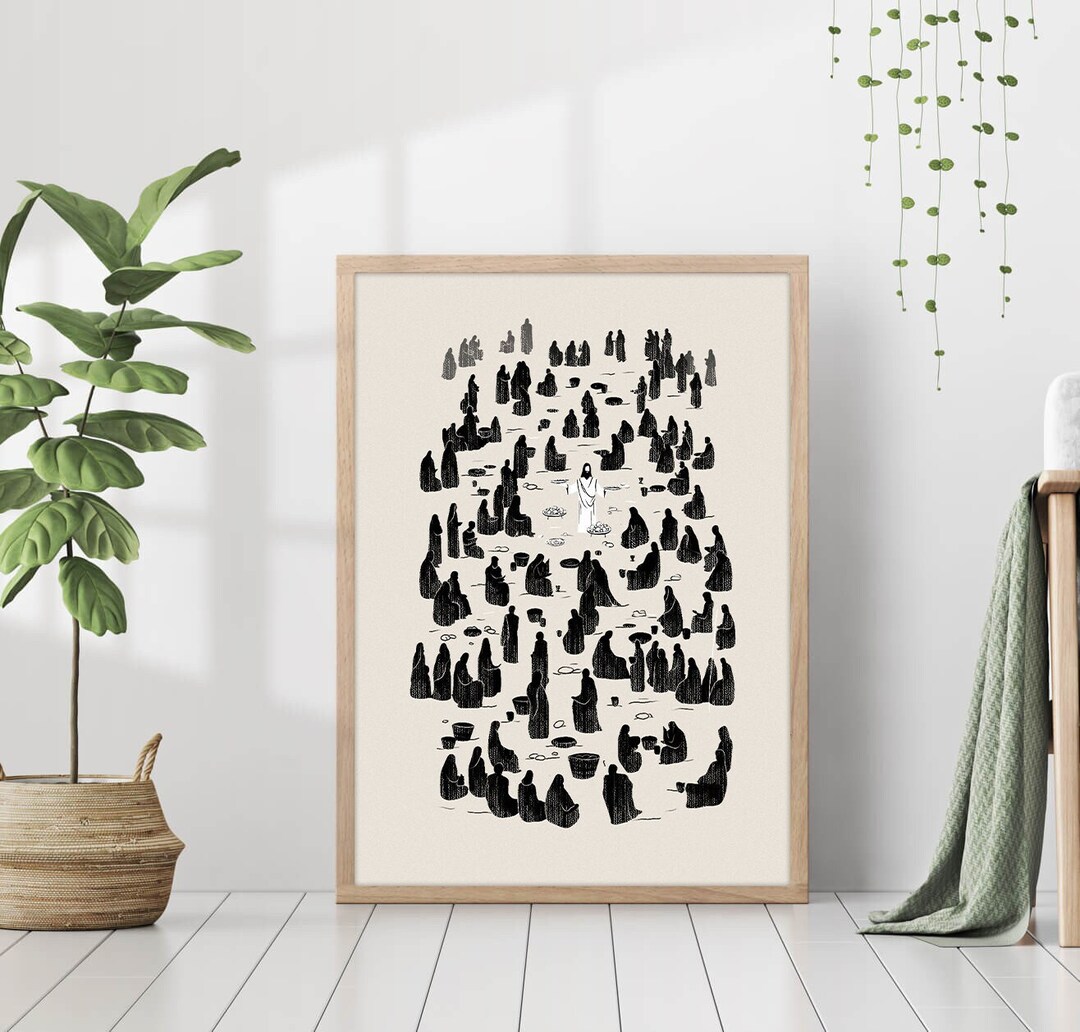 Jesus Christ Feeds the 5000 Art Drawing Print Christian Minimalistic ...