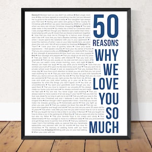 May include: A framed print with a blue background and white text. The text reads "50 Reasons Why We Love You So Much". The text is a list of reasons why someone is loved.
