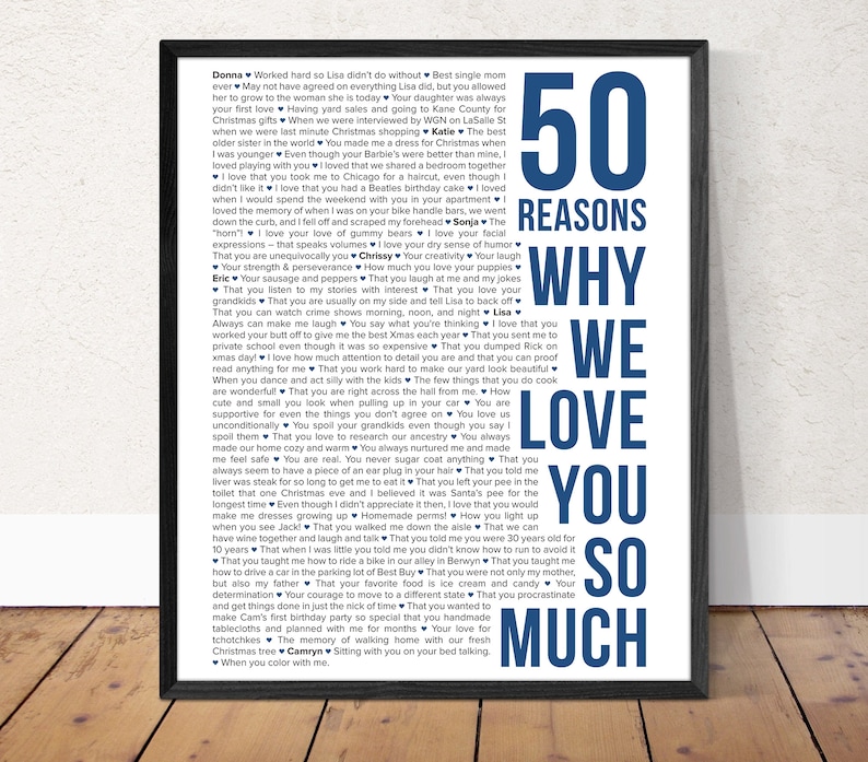 May include: A framed print with a blue background and white text. The text reads "50 Reasons Why We Love You So Much". The text is a list of reasons why someone is loved.