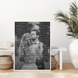 May include: Black and white wedding photo of a couple embracing. The image includes a handwritten poem about love and commitment, signed "Samantha & Ricardo, November 12, 2021".