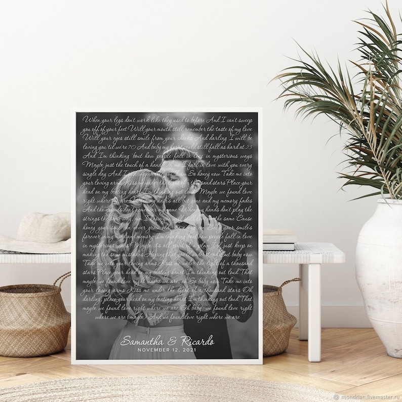 May include: Black and white wedding photo of a couple embracing. The image includes a handwritten poem about love and commitment, signed "Samantha & Ricardo, November 12, 2021".