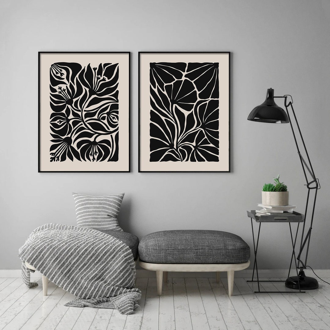 Floral Set of 2 Black Botanical Matis...