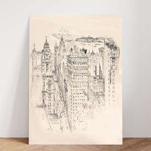 Vintage New York City Skyline Skyscraper Pencil Sketch Drawing Antique ...