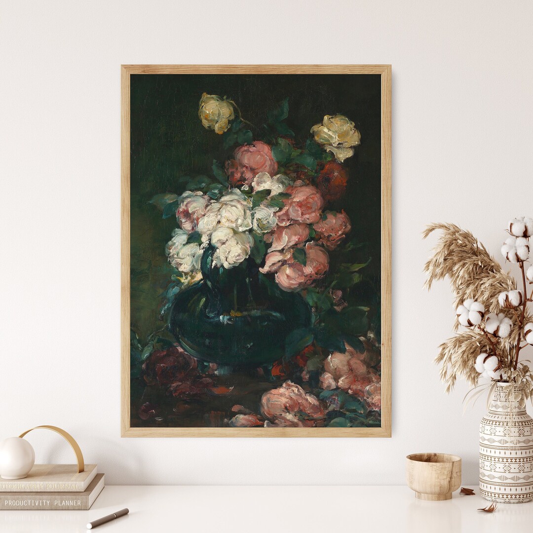 Vintage Roses Flower Bouquet Vase Painting Canvas Moody Print Poster ...