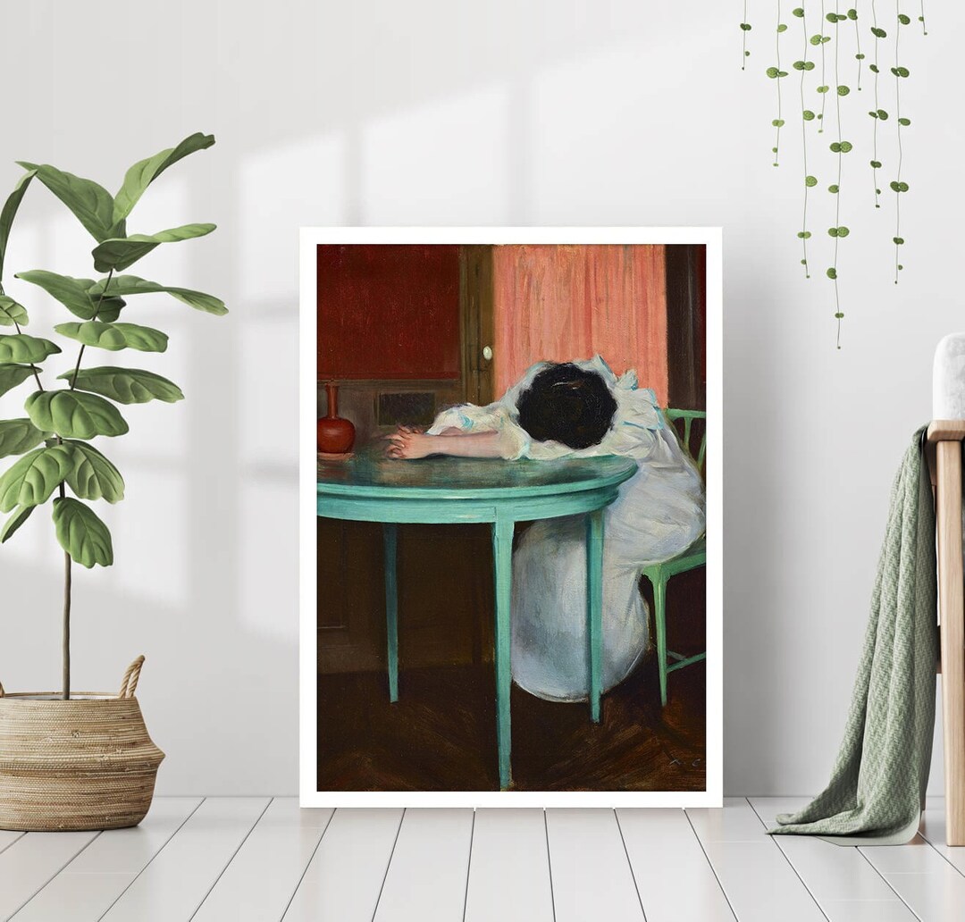 Tired Woman Taking Nap Moody Portrait Wall Art Canvas Print Poster ...