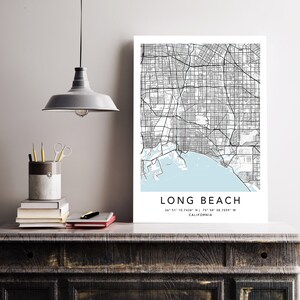 Long Beach Map Print Gerahmte Leinwand Wandkunst Poster USA Map Print Schwarzweiße USA Map Kunstposter City Street Straßenkarte