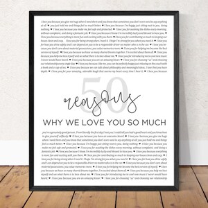 May include: A black and white printable poster with the text "50 reasons why we love you so much" and a list of reasons why someone is loved. The poster is framed in a black frame.