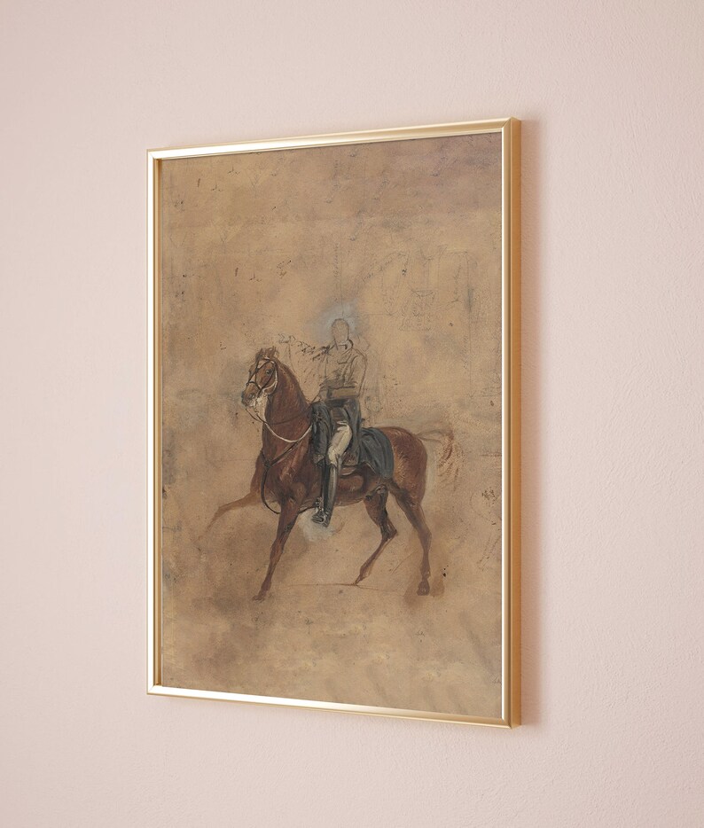 May include: A framed painting of a person on horseback. The painting is done in a muted palette of browns and grays, with the figure of the rider appearing almost ghostly.