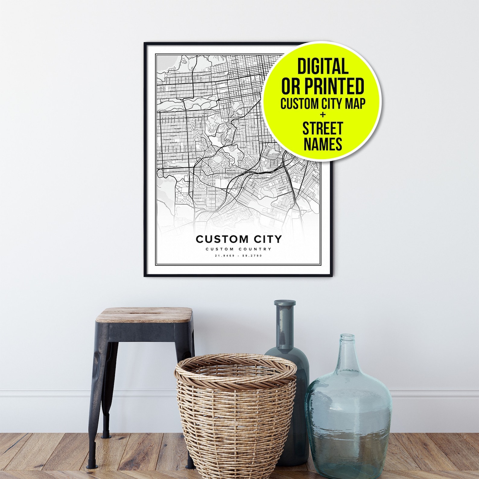 Custom City Map with Street Names Hometown Poster Wall Art | Etsy