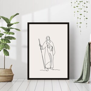 Jesus Christ With a Lamb Line Art Drawing Print Christian Minimalistic ...