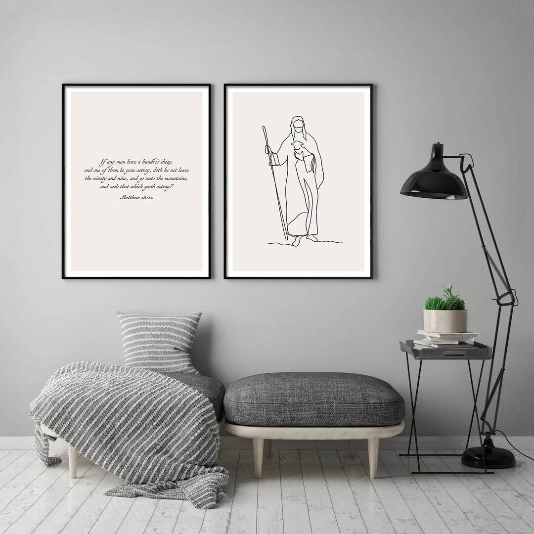 Jesus Christ With a Lamb Set of 2 Line Art Holy Drawing Print Christian ...