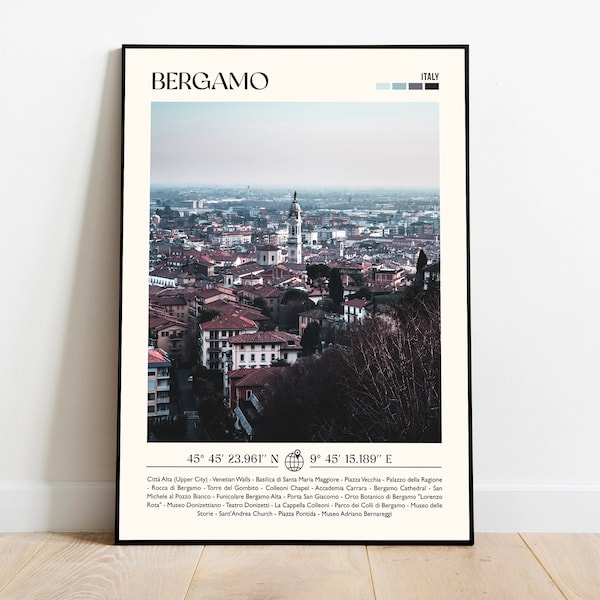 Bergamo Print Italy Travel Poster Gift Eclectic Vibrant Print Trendy Living Room Retro Photo Wall Art Decor Framed Print or Canvas